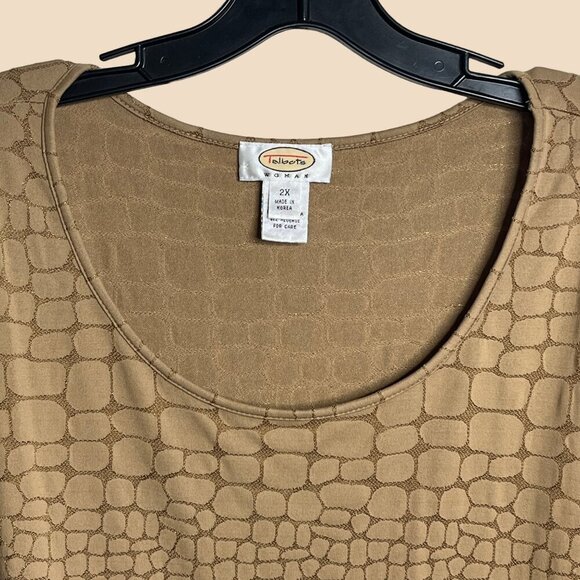 Talbots Top Womens 2X Gold Animal Print Cap Sleeve Boat Neck Long‎ Sleeve Nylon - Picture 3 of 9